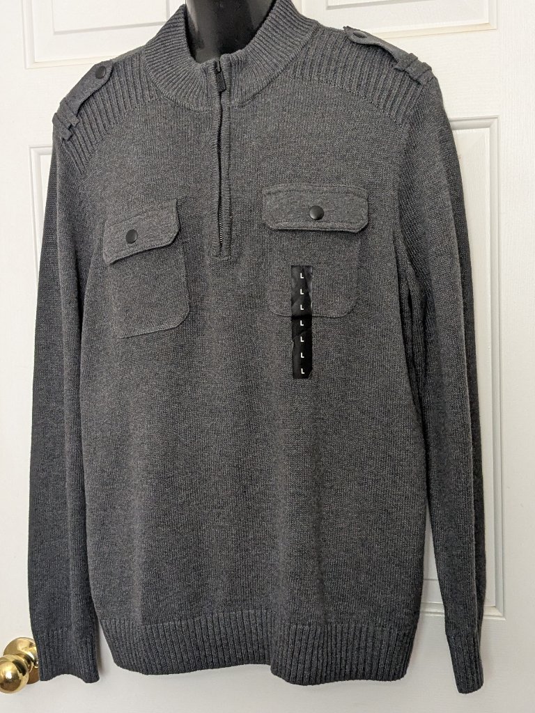 Apt. 9 Quarter Zip High Neck Sweater Flap Pockets Men's Size L Knit Gray Preppy